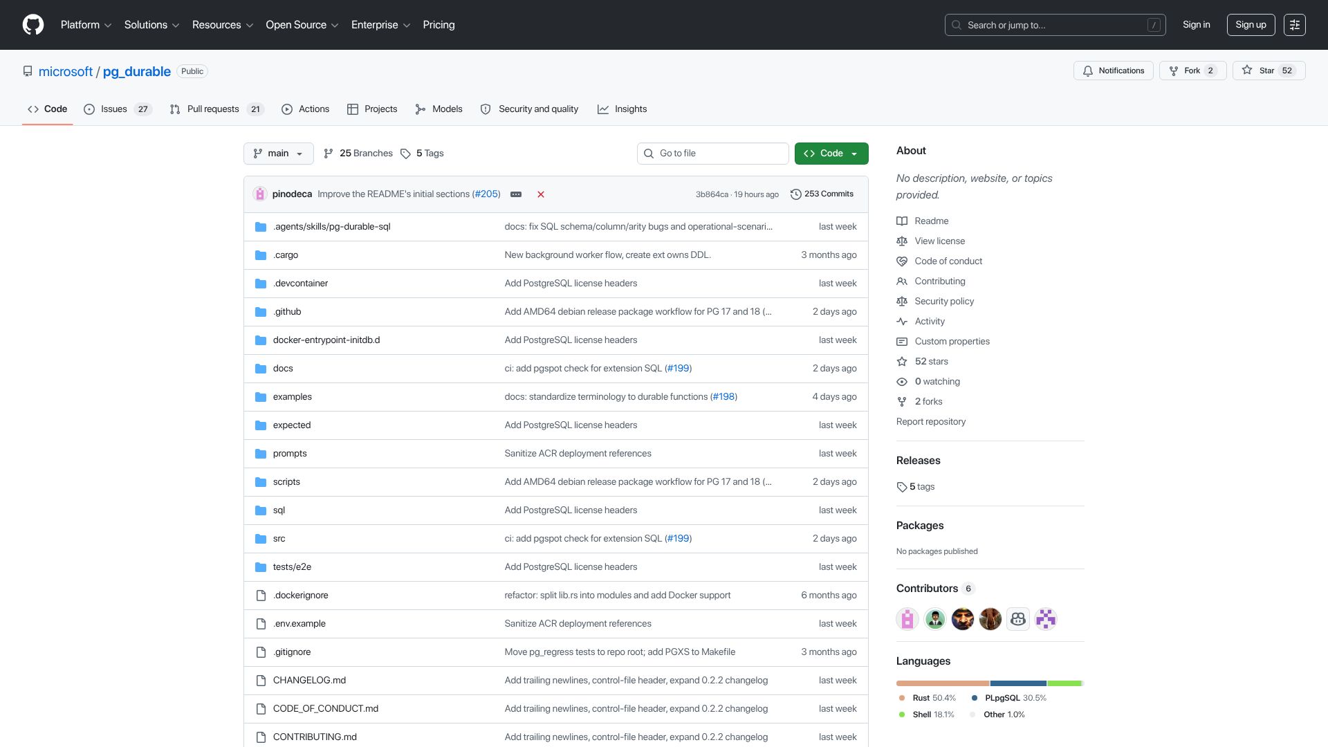 Screenshot of github.com: pg_durable: Microsoft open sources in-database durable execution