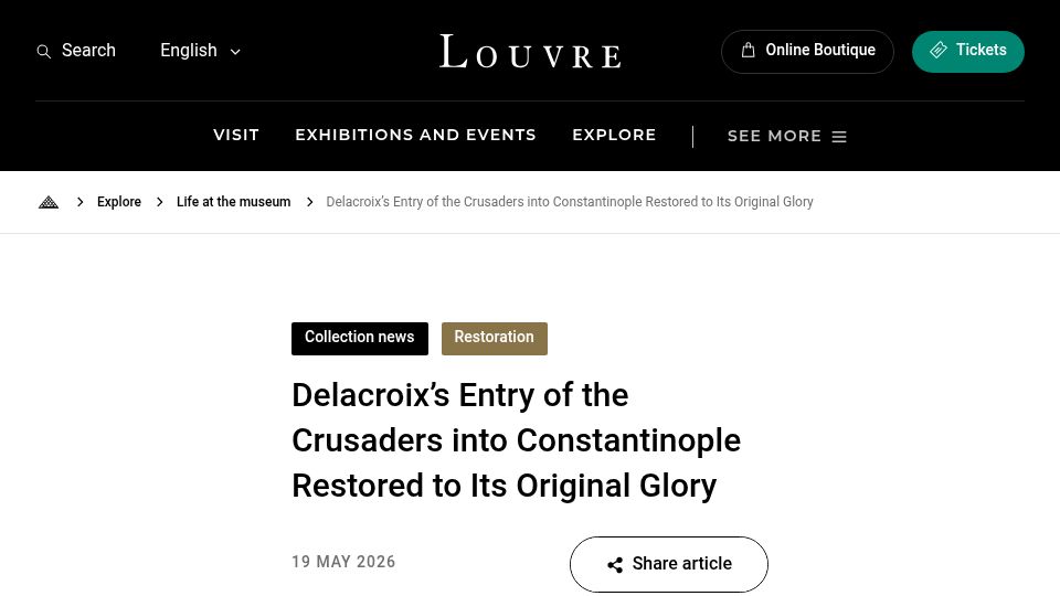 Screenshot of louvre.fr: Delacroix's Entry of the Crusaders into Constantinople Restored