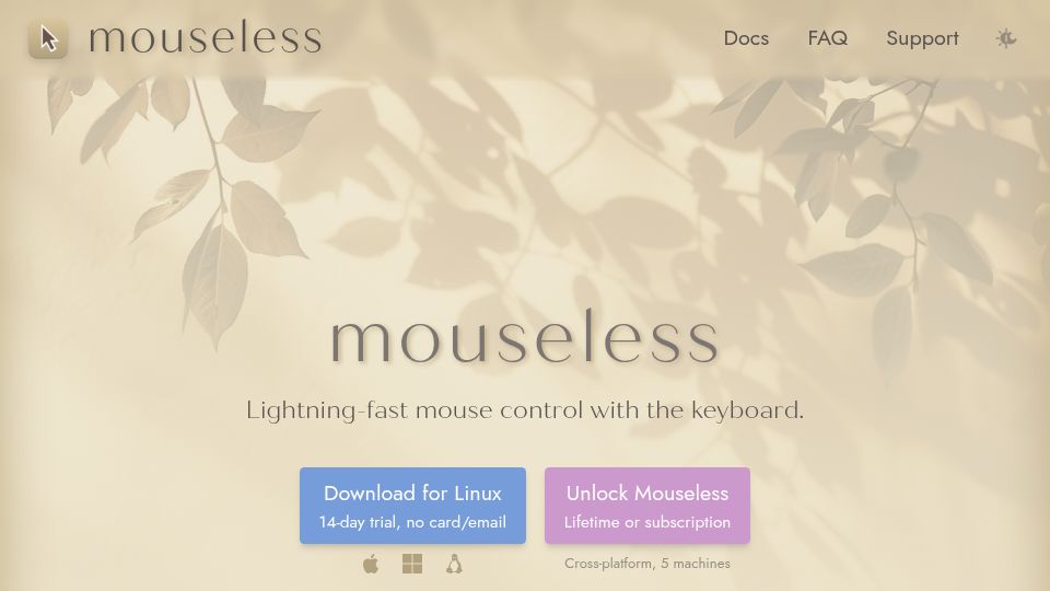 Screenshot of mouseless.click: Mouseless – keyboard-driven control of macOS/Linux/Windows
