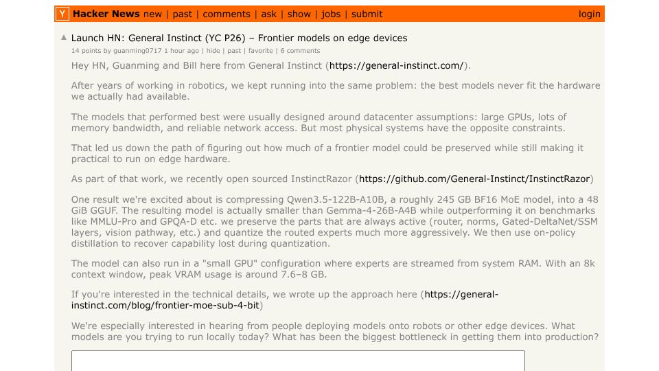 Screenshot of Hacker News post: Launch HN: General Instinct (YC P26) – Frontier models on edge devices