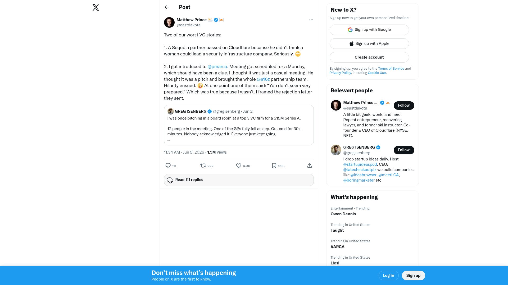 Screenshot of twitter.com: Three of our worst VC stories