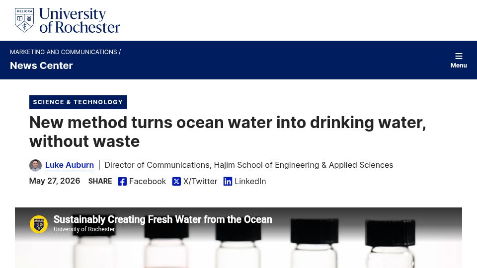 Screenshot of rochester.edu: New method turns ocean water into drinking water, without waste