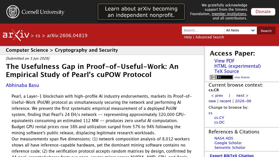 Screenshot of arxiv.org: We spent $50 to measure Pearl's "AI mining" – 320K GPUs produce zero AI