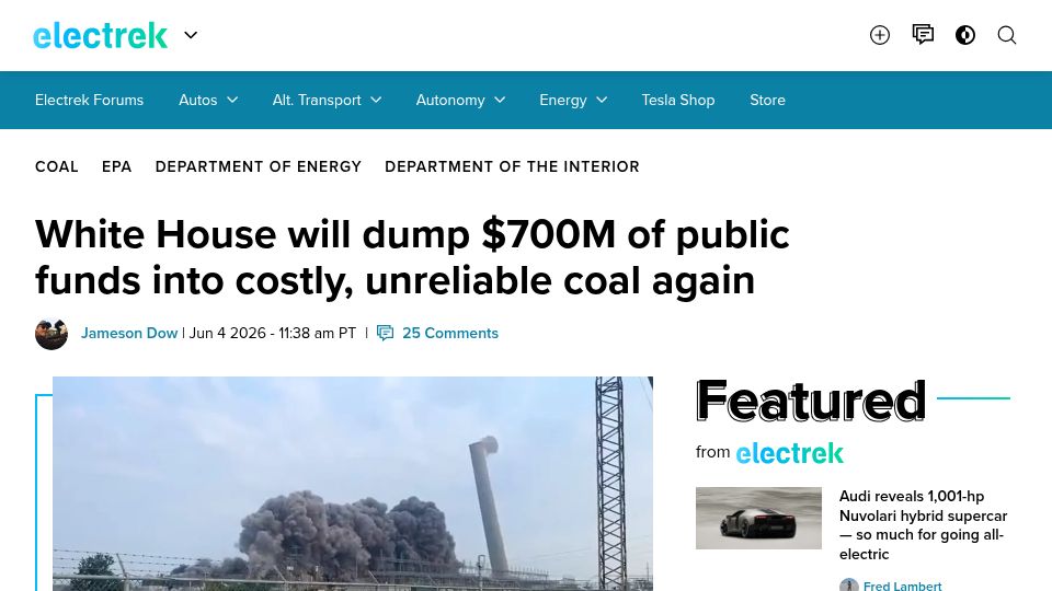 Screenshot of electrek.co: White House will dump $700M of public funds into costly, unreliable coal again