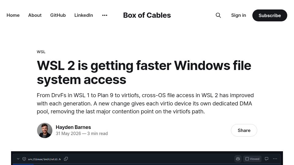Screenshot of boxofcables.dev: WSL 2 is getting faster Windows file system access