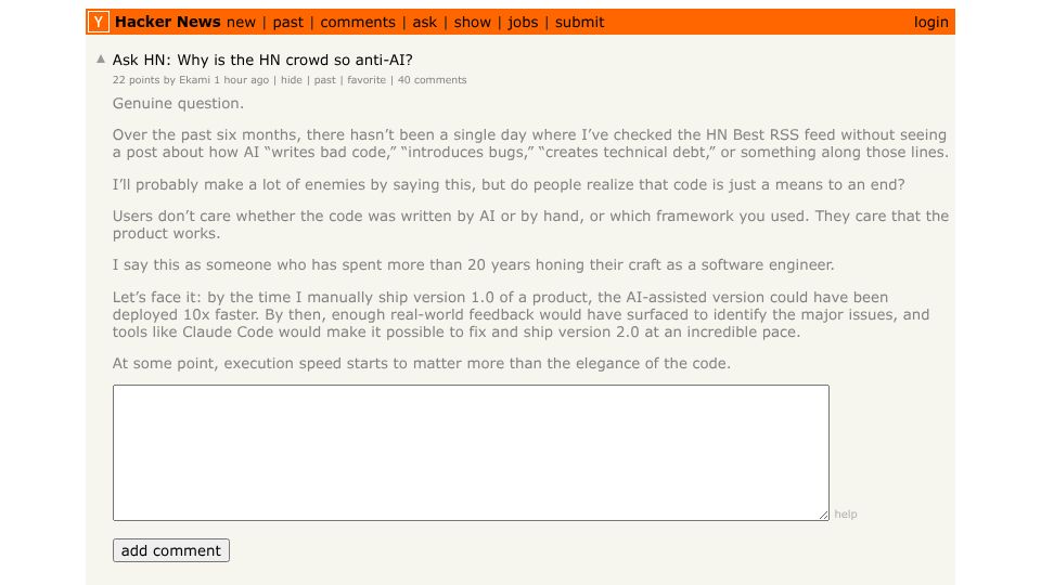 Screenshot of Hacker News post: Ask HN: Why is the HN crowd so anti-AI?