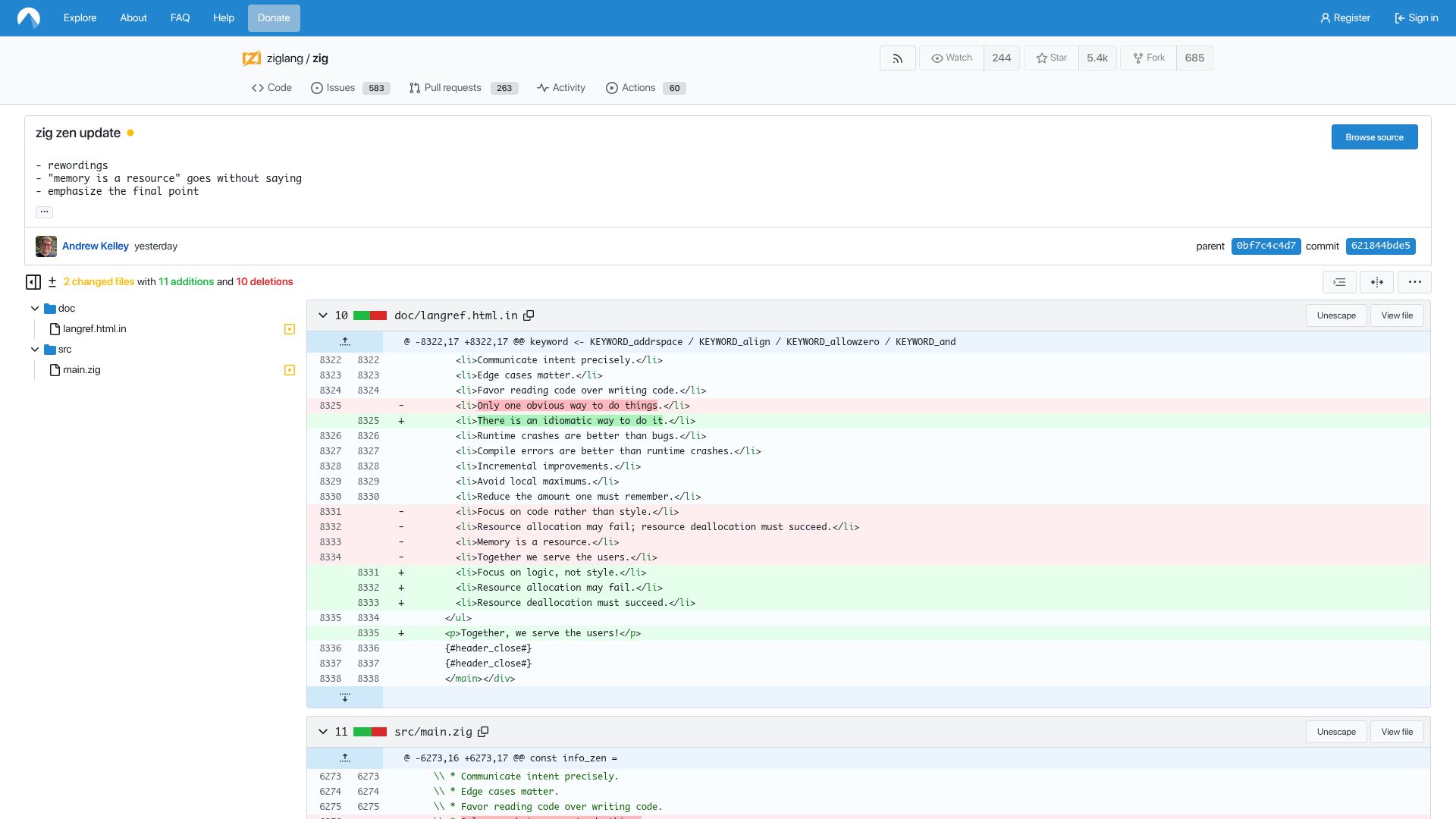 Screenshot of codeberg.org: Zig Zen Update