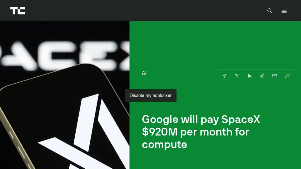 Screenshot of techcrunch.com: Google will pay SpaceX $920M per month for compute