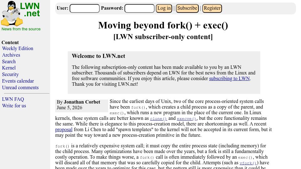Screenshot of lwn.net: Moving beyond fork() + exec()