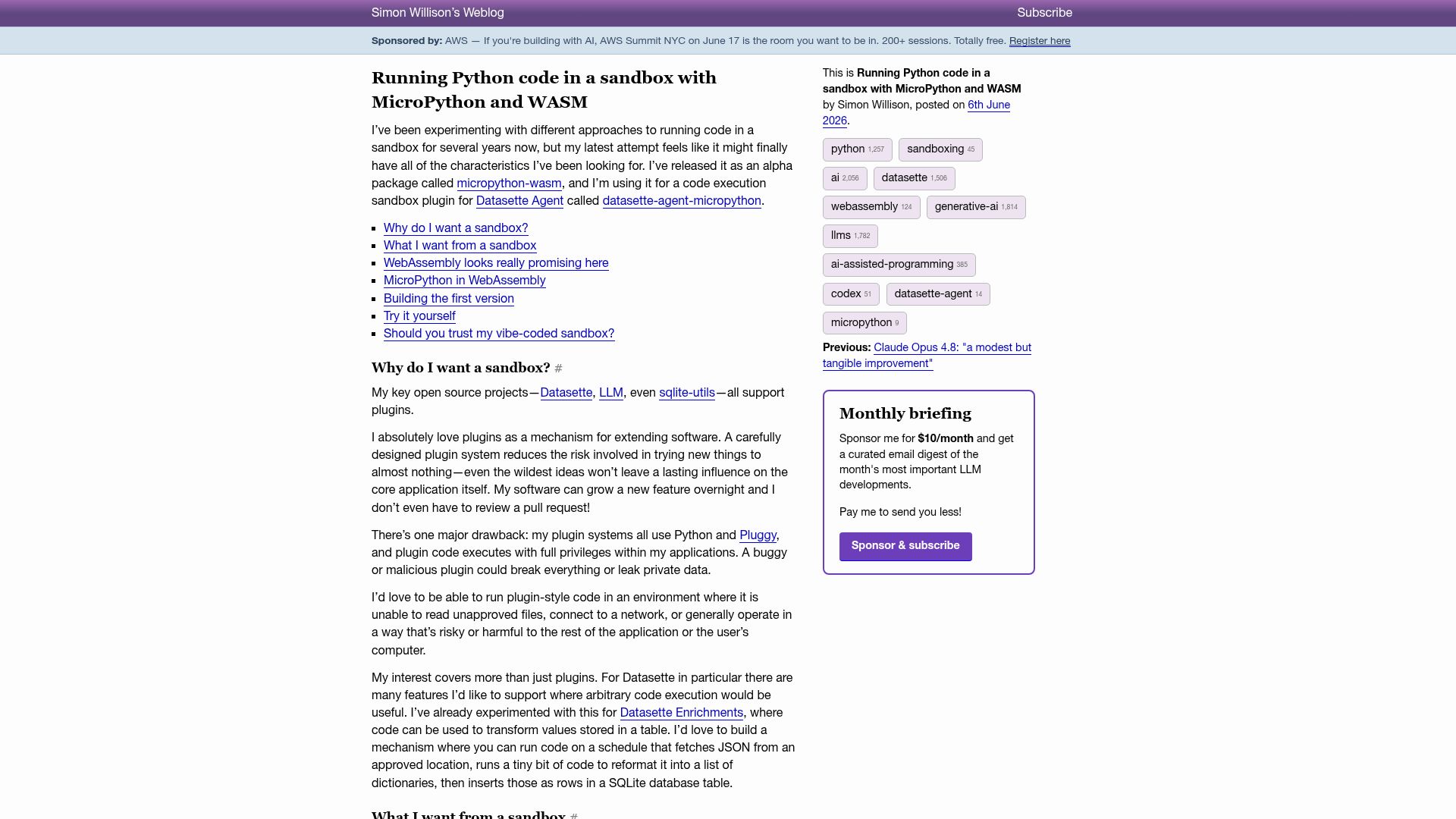 Screenshot of simonwillison.net: Running Python code in a sandbox with MicroPython and WASM