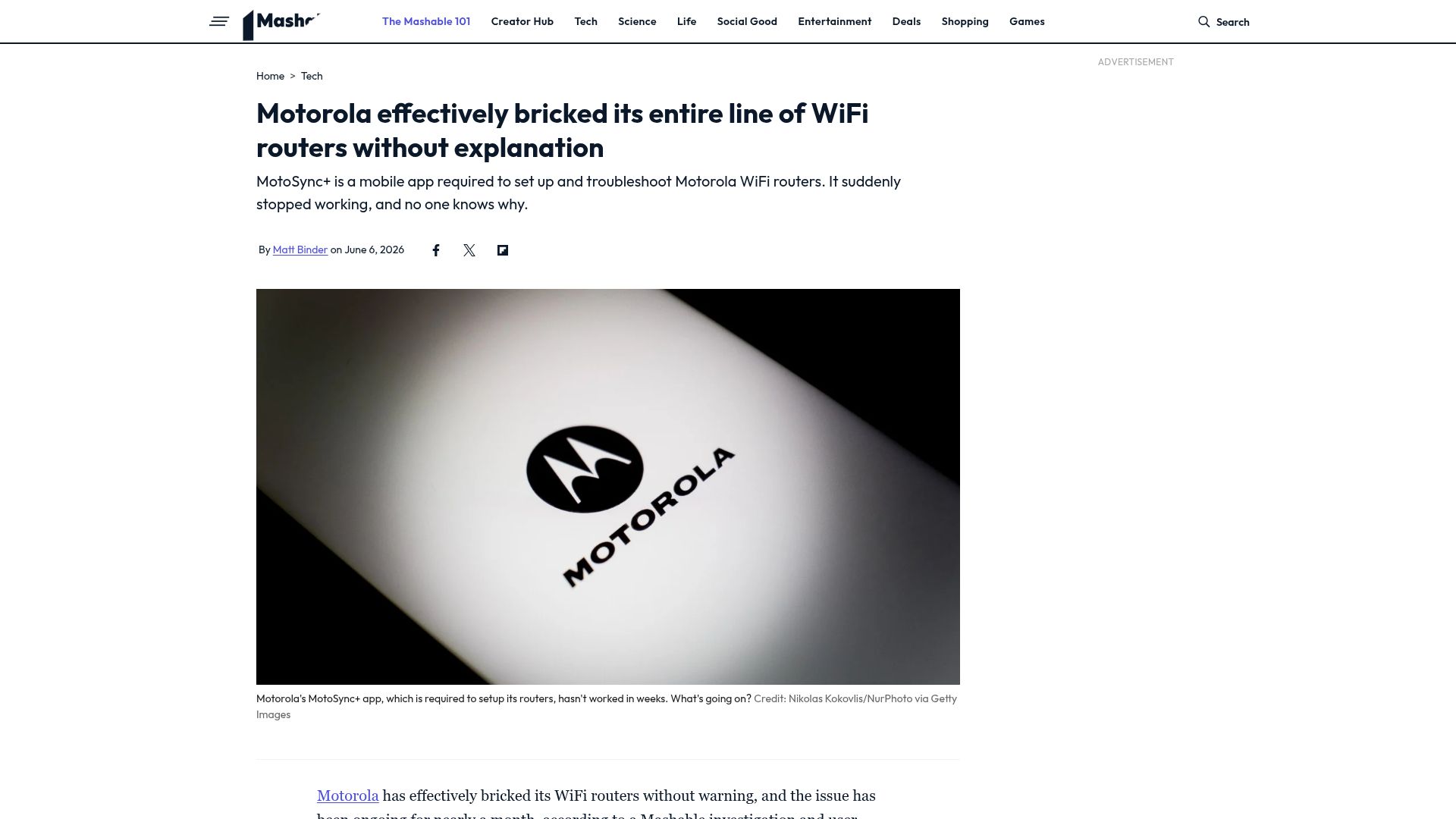 Screenshot of mashable.com: Motorola effectively bricked its entire line of WiFi routers without explanation