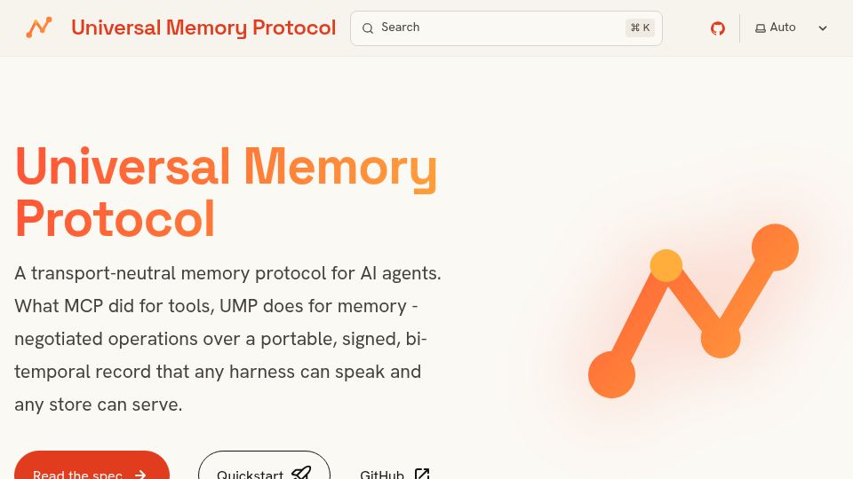 Screenshot of universalmemoryprotocol.io: Universal Memory Protocol – a shared format for agent memory