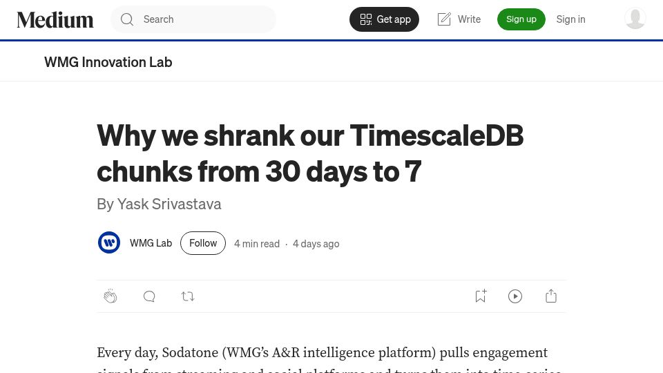 Screenshot of tech.wmg.com: We shrank our TimescaleDB chunks from 30 days to 7