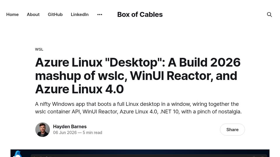 Screenshot of boxofcables.dev: Azure Linux Desktop