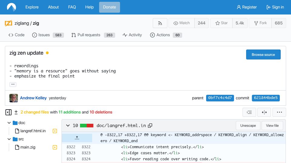 Screenshot of codeberg.org: Zig Zen Update