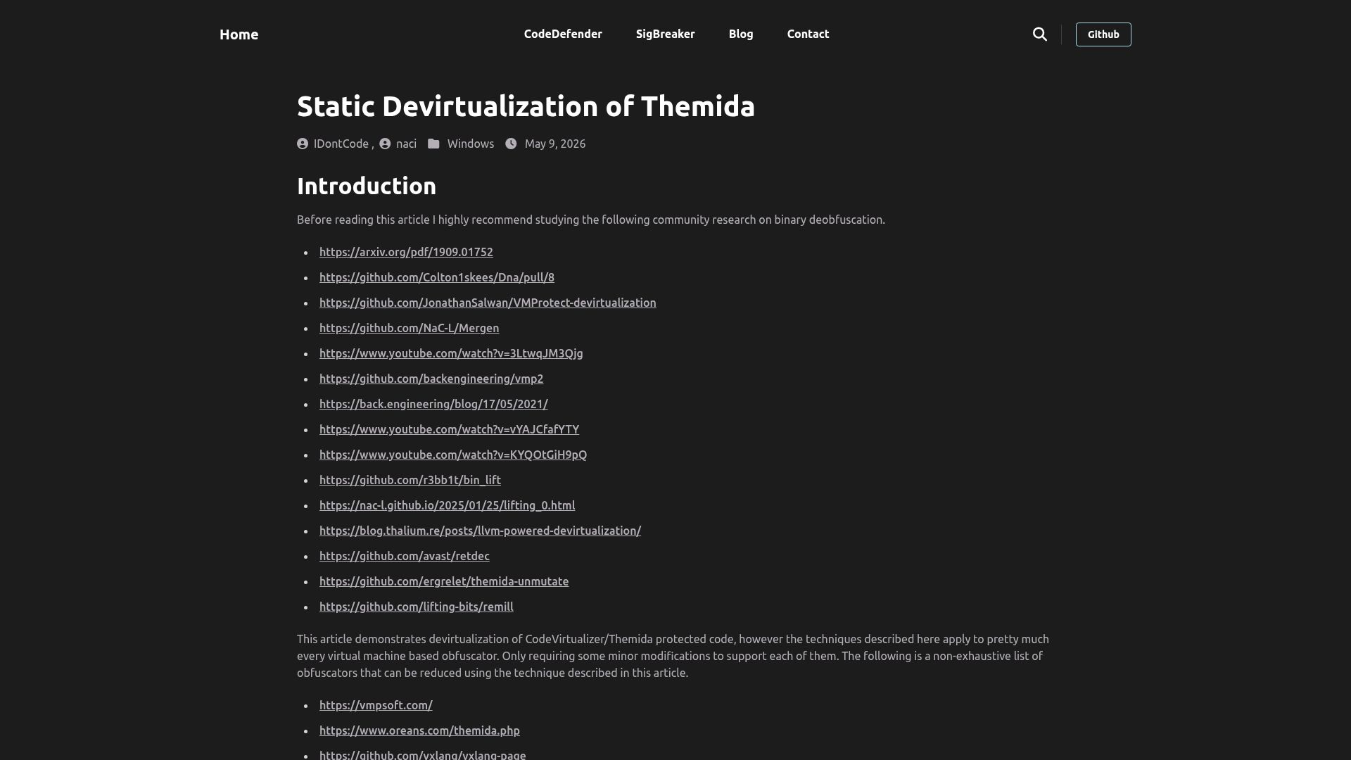 Screenshot of back.engineering: Static Devirtualization of Themida