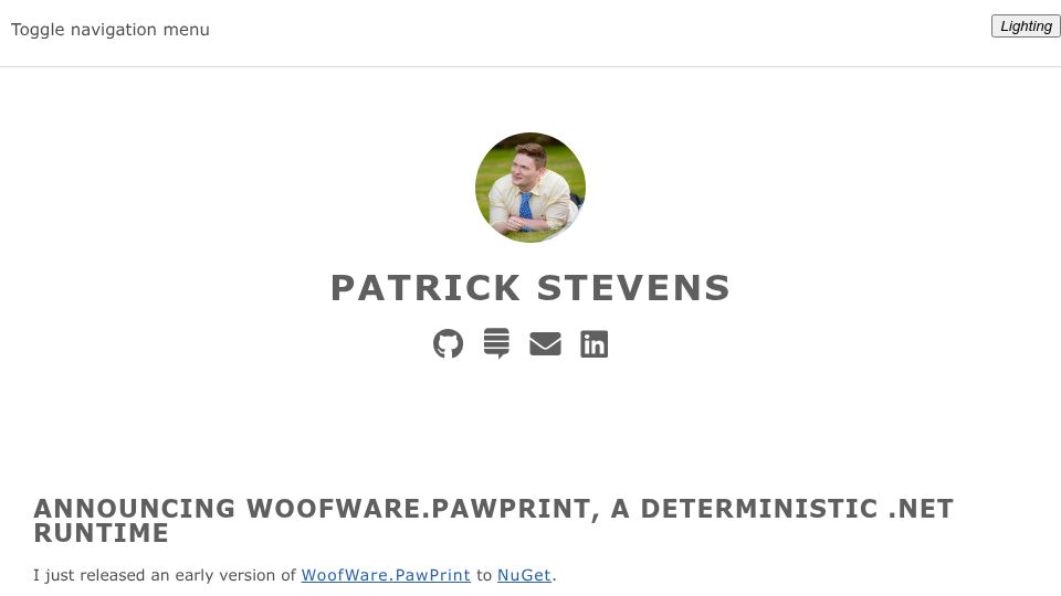 Screenshot of patrickstevens.co.uk: WoofWare.PawPrint, a Deterministic .NET Runtime