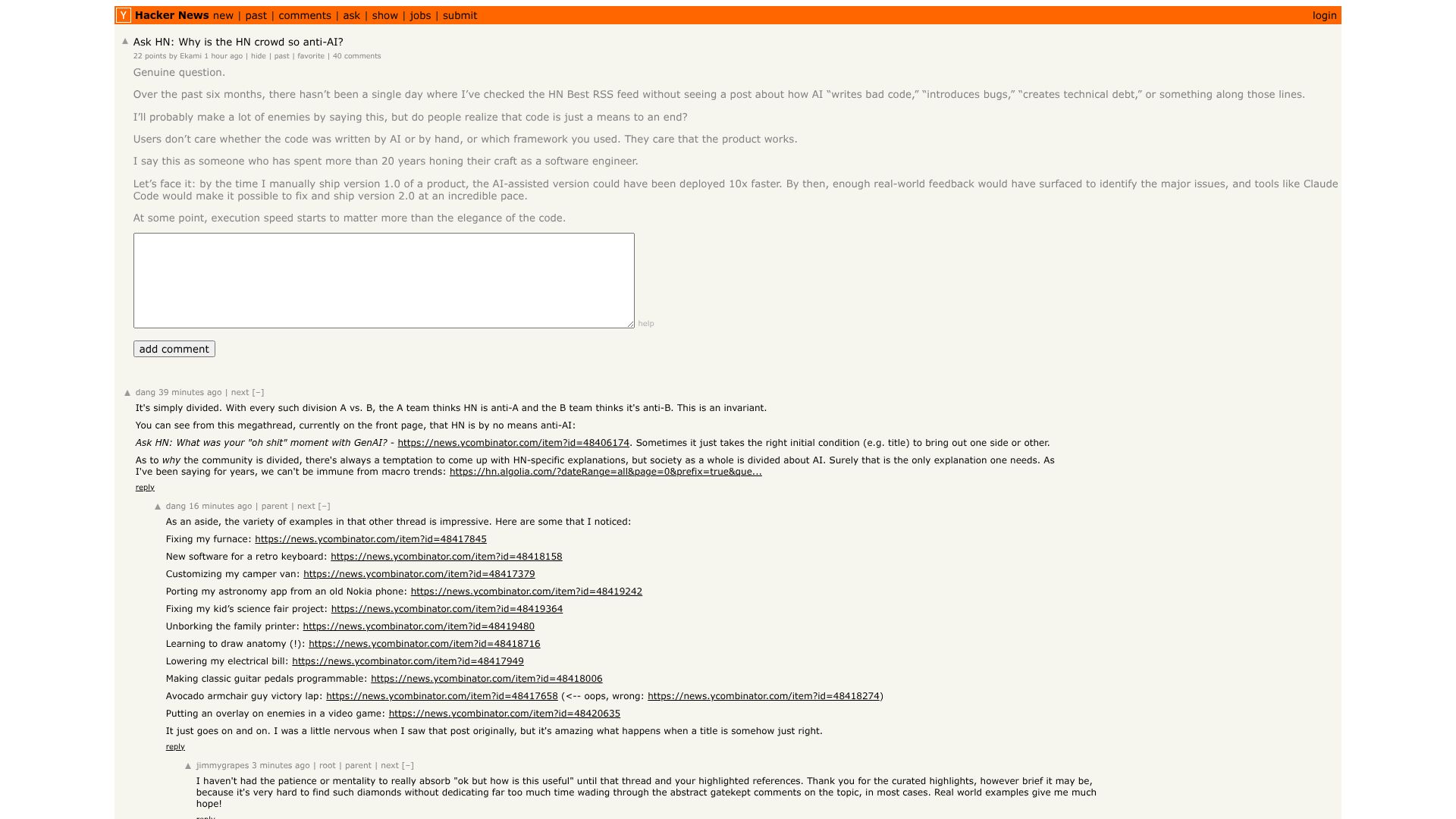 Screenshot of this Hacker News post: Ask HN: Why is the HN crowd so anti-AI?