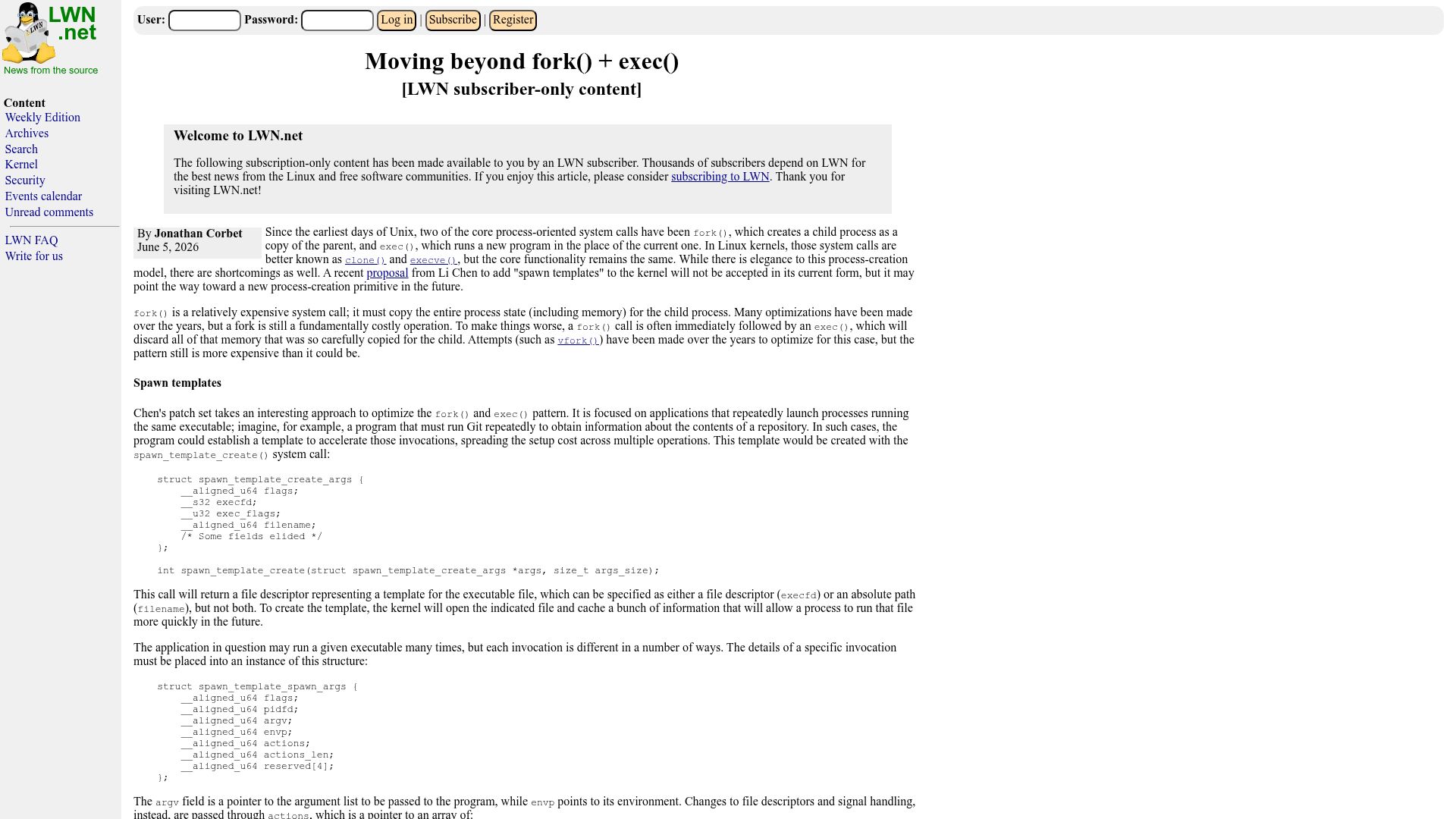 Screenshot of lwn.net: Moving beyond fork() + exec()