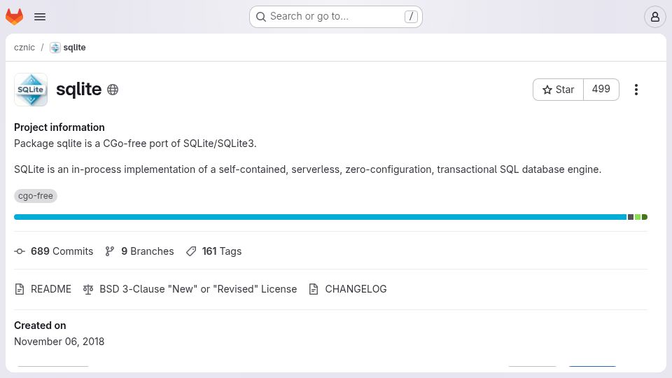 Screenshot of gitlab.com: sqlite: A CGo-free port of SQLite/SQLite3