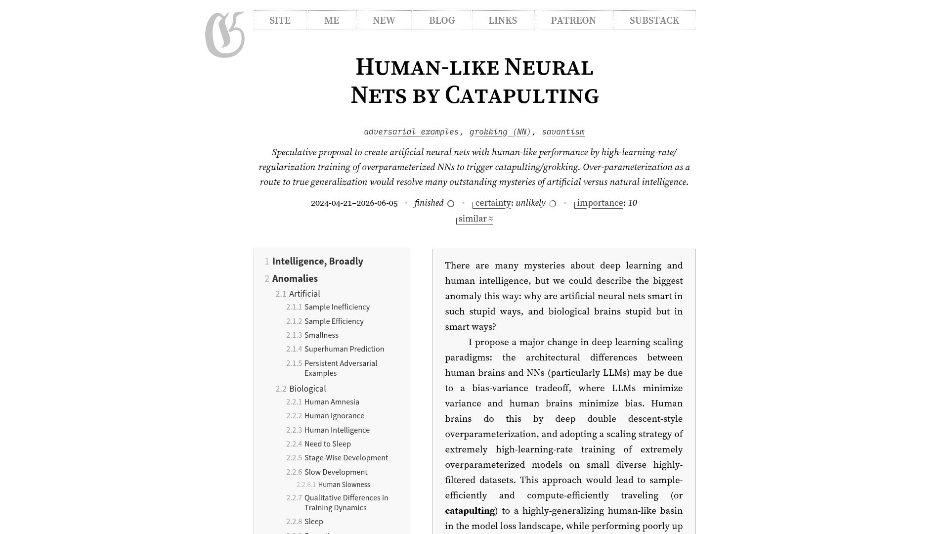 Screenshot of gwern.net: Human-Like Neural Nets by Catapulting