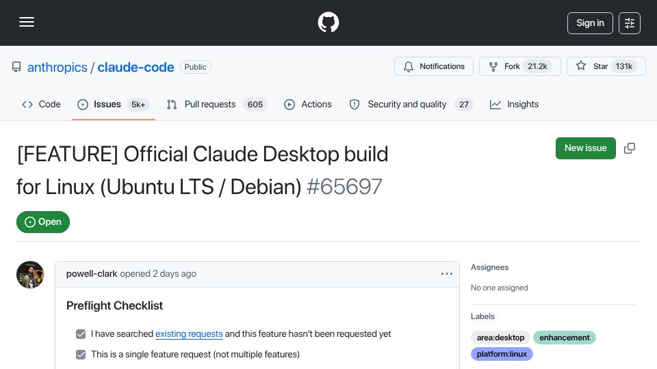 Screenshot of github.com: Anthropic, please ship an official Claude Desktop for Linux