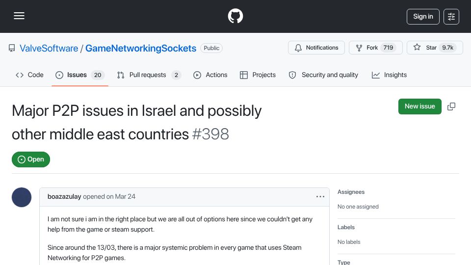 Screenshot of github.com: Valve P2P networking broken for more than 2 months