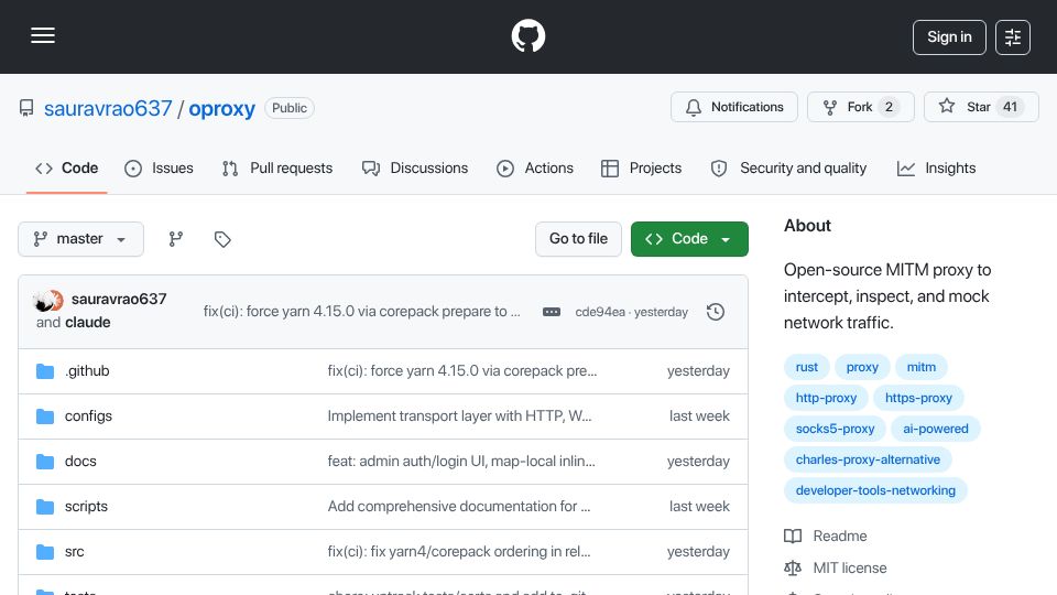 Screenshot of github.com: Show HN: Oproxy – inspect and modify network traffic from the browser