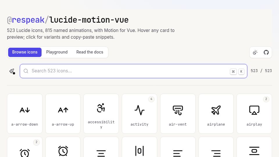 Screenshot of respeak-io.github.io: Show HN: Free animated icon library for Vue