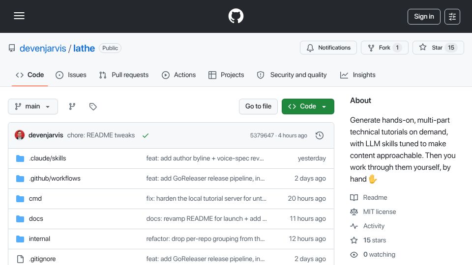 Screenshot of github.com: Show HN: Lathe – Use LLMs to learn a new domain, not skip past it