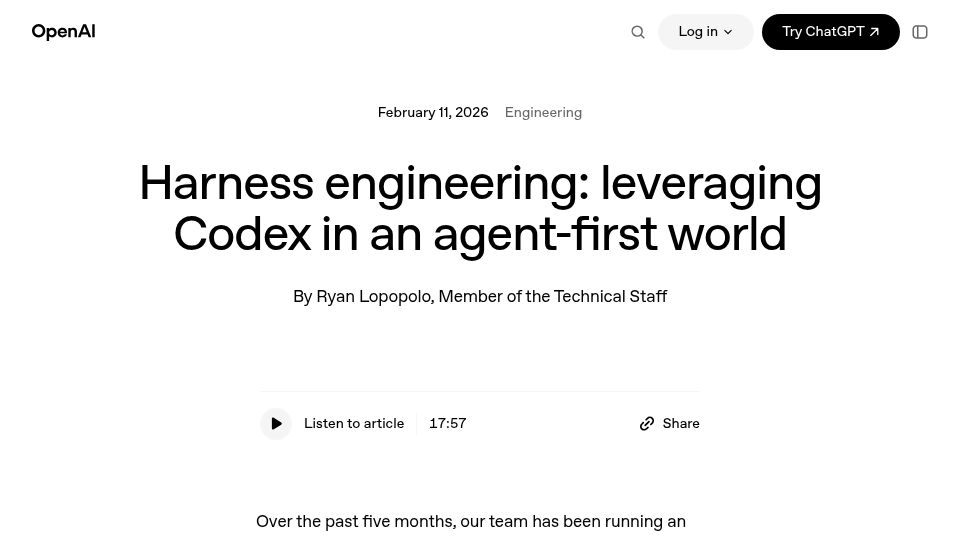 Screenshot of openai.com: Harness engineering: Leveraging Codex in an agent-first world