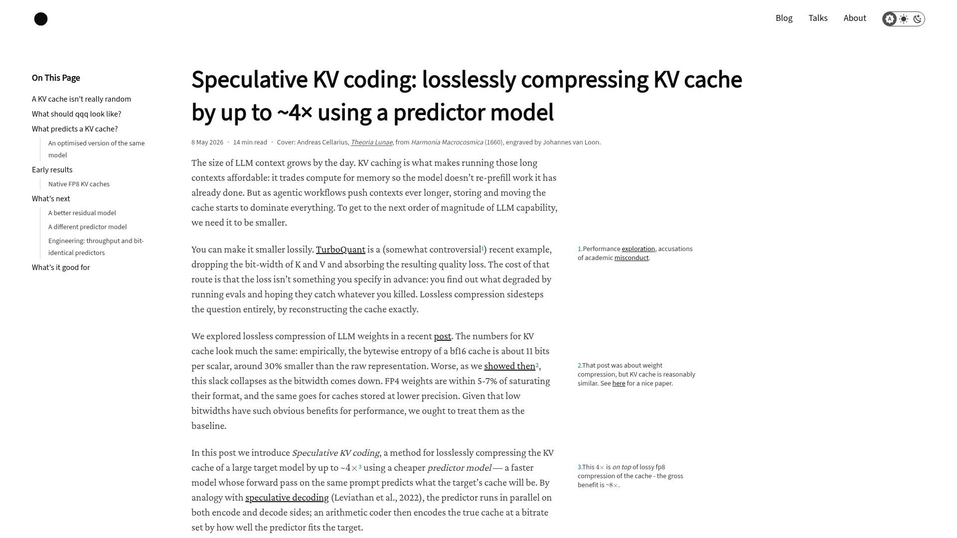 Screenshot of fergusfinn.com: Speculative KV coding: losslessly compressing KV cache by up to ~4×