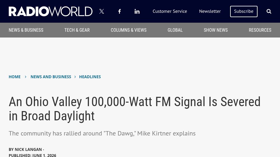 Screenshot of radioworld.com: An Ohio Valley 100k-watt FM signal is severed in broad daylight
