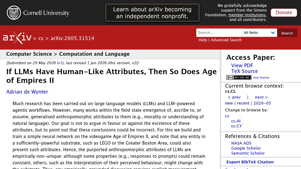 Screenshot of arxiv.org: If LLMs Have Human-Like Attributes, Then So Does Age of Empires II
