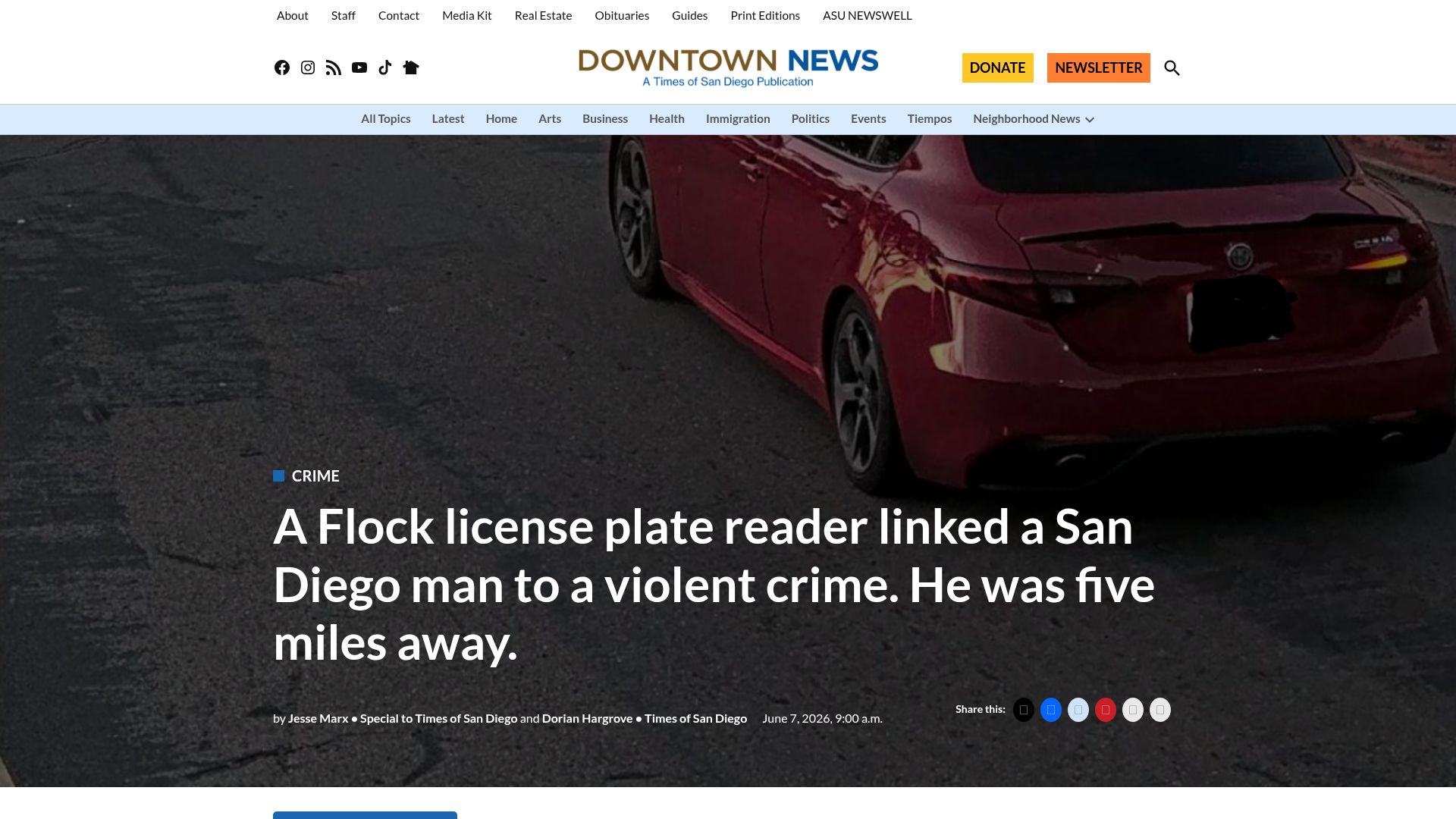 Screenshot of timesofsandiego.com: Flock license plate reader wrongly linked a San Diego man to a violent crime