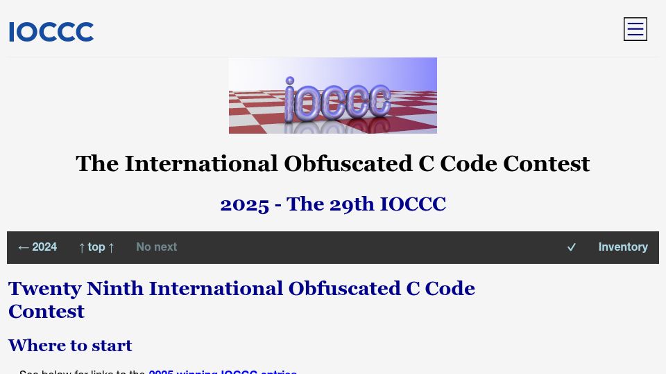 Screenshot of ioccc.org: The 29th International Obfuscated C Code Contest (IOCCC) 2025 Winners