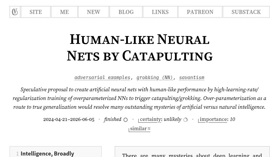 Screenshot of gwern.net: Human-Like Neural Nets by Catapulting