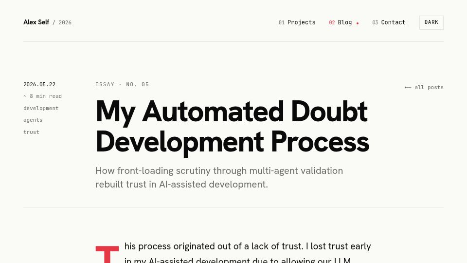 Screenshot of alexself.dev: My automated doubt development process