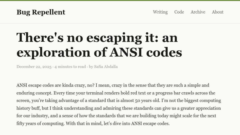 Screenshot of blog.safia.rocks: There's no escaping it: an exploration of ANSI codes