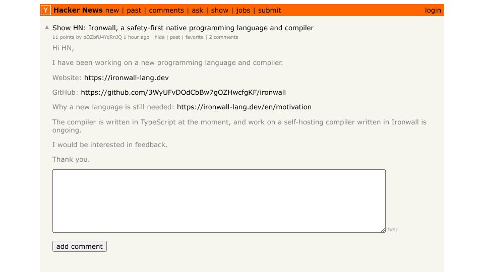 Screenshot of Hacker News post: Show HN: Ironwall, a safety-first native programming language and compiler