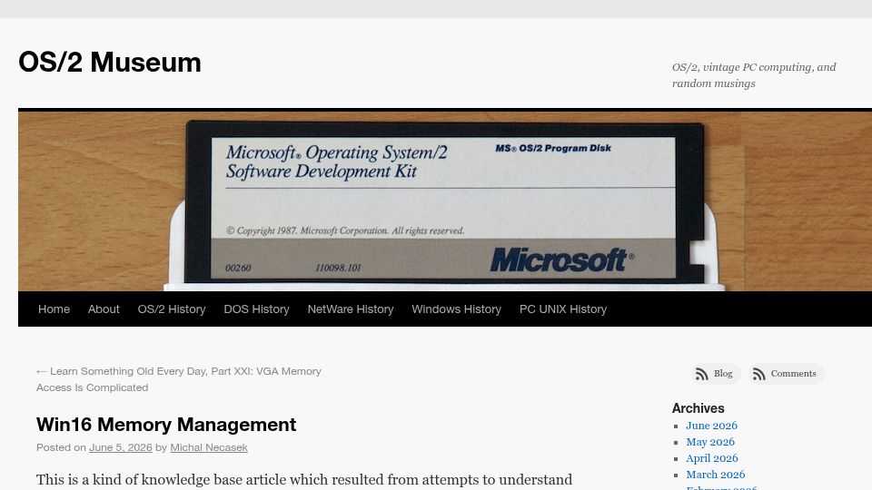 Screenshot of os2museum.com: Win16 Memory Management
