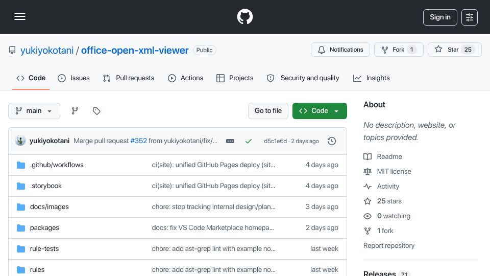 Screenshot of github.com: Office-open-xml-viewer: Office XML document viewer that renders to HTML Canvas