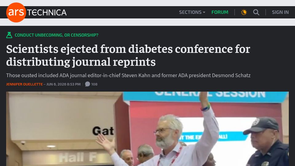 Screenshot of arstechnica.com: Scientists ejected from diabetes conference for distributing journal reprints