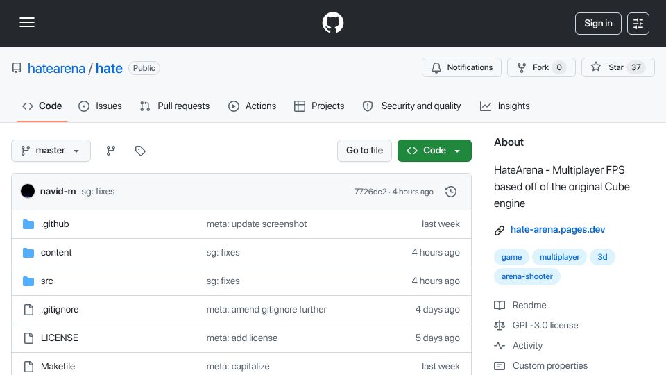 Screenshot of github.com: HateArena – A free and open source arena shooter