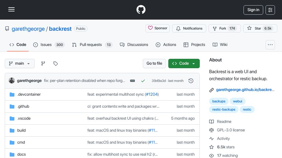 Screenshot of github.com: Backrest – a web UI and orchestrator for restic backup