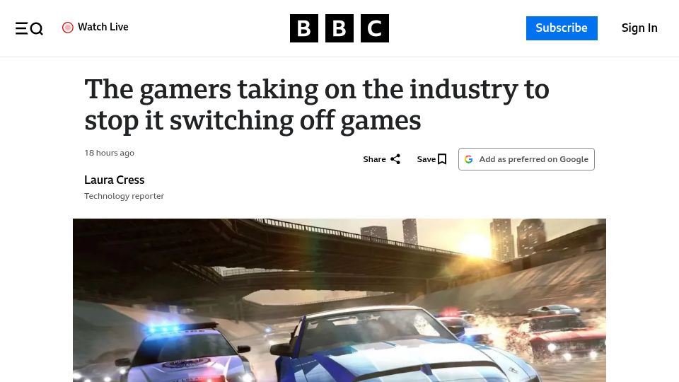 Screenshot of bbc.com: The gamers taking on the industry to stop it switching off games