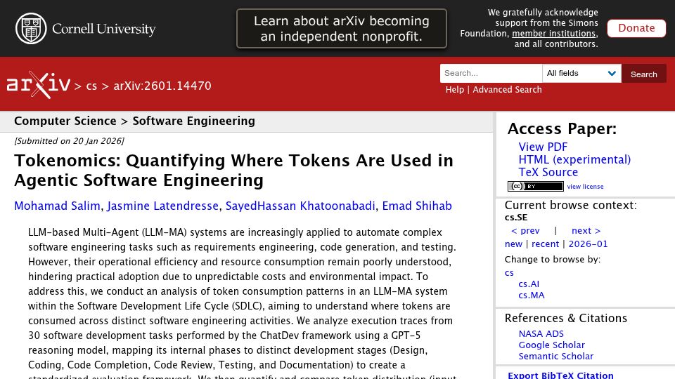 Screenshot of arxiv.org: Tokenomics: Quantifying Where Tokens Are Used in Agentic Software Engineering