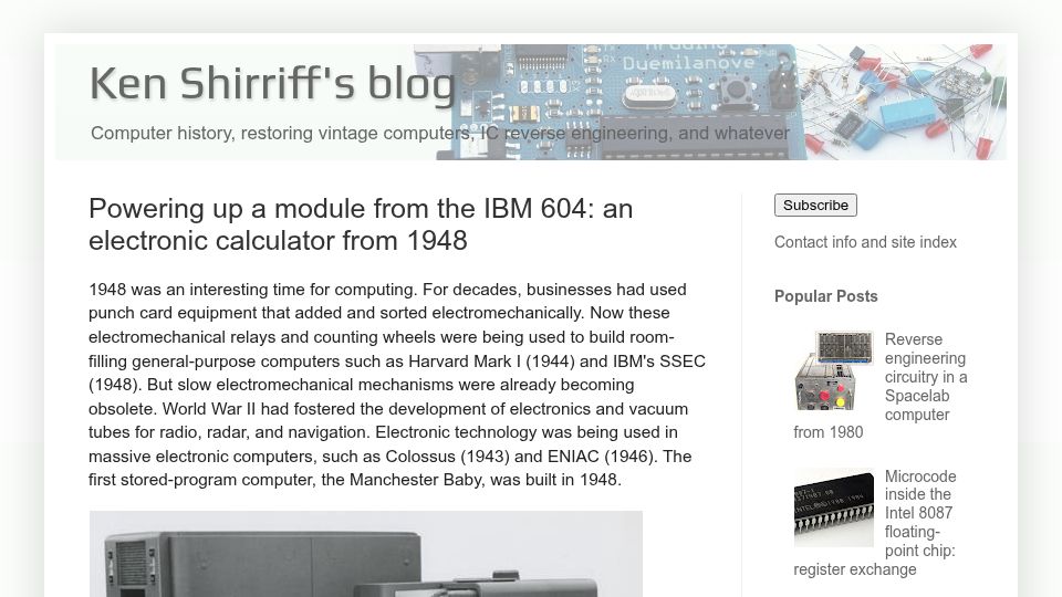 Screenshot of righto.com: Powering up a module from the IBM 604: an electronic calculator from 1948