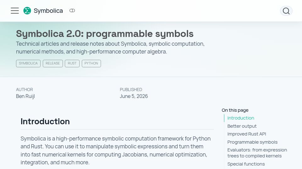 Screenshot of symbolica.io: Symbolica 2.0: Programmable Symbols for Python and Rust