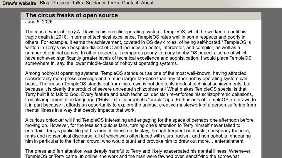Screenshot of drewdevault.com: The circus freaks of open source